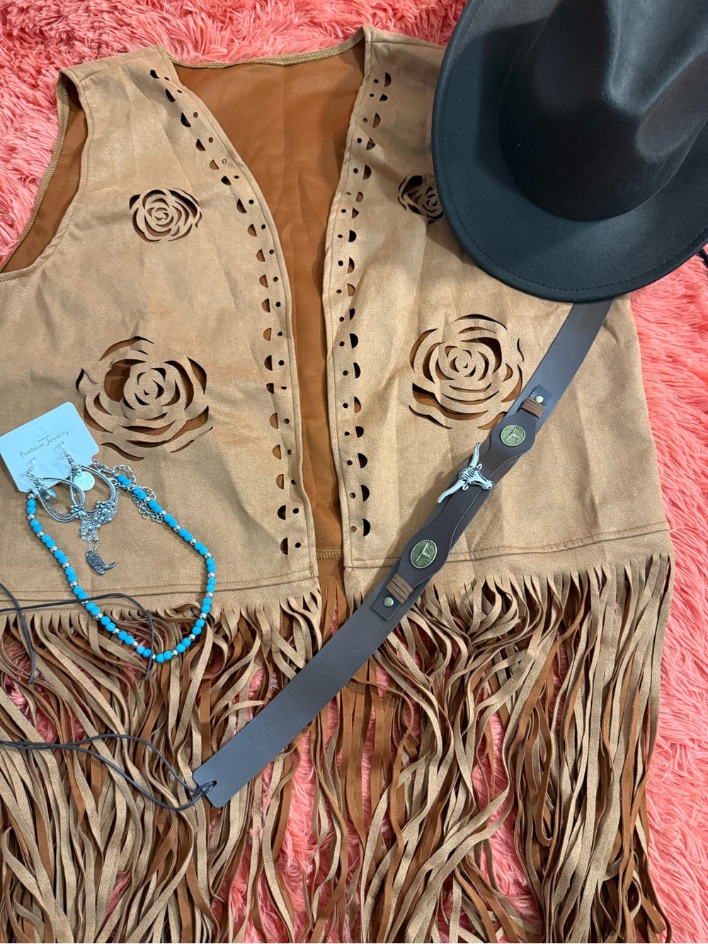 Suede Fringe Vest in Brown - Women Accessories